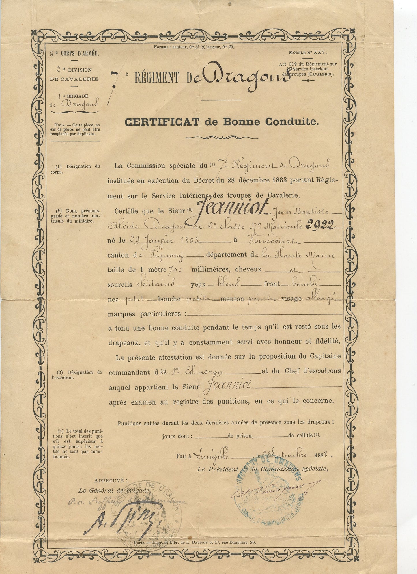 avant 1914 : certificat de bonne conduite cavalier du 7° Dragons Lunéville 1888