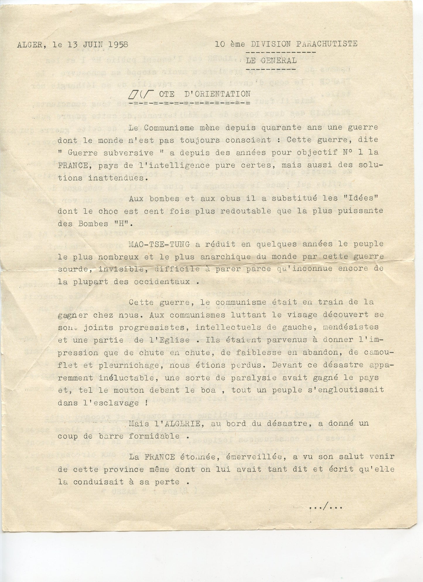 Algérie : note d'orientation 10° division de parachutistes Général Massu juin 1958