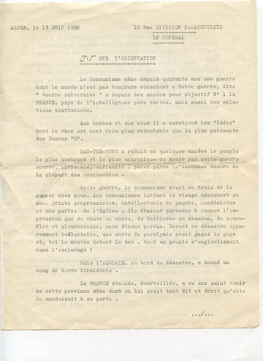 Algérie : note d'orientation 10° division de parachutistes Général Massu juin 1958