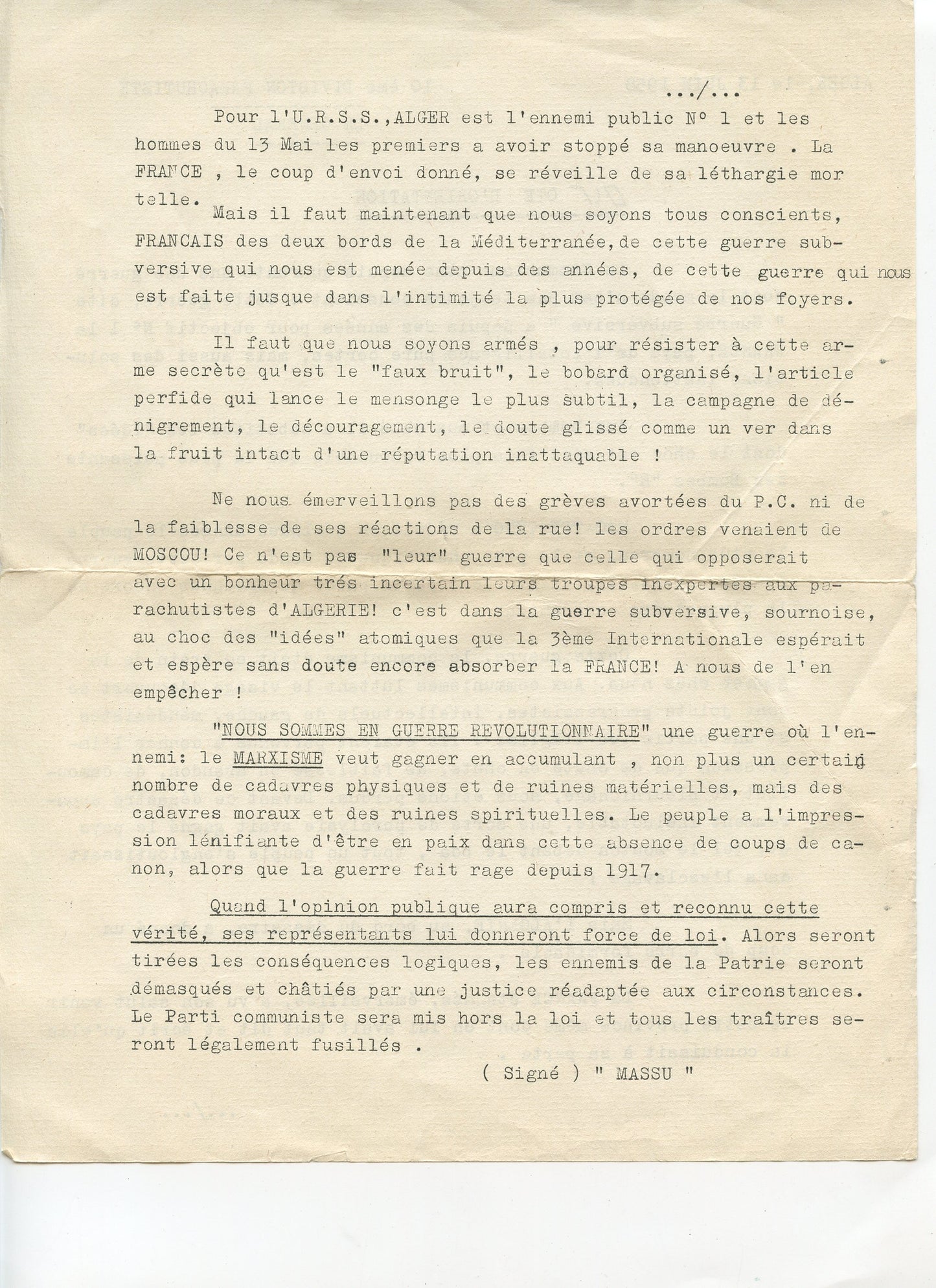 Algérie : note d'orientation 10° division de parachutistes Général Massu juin 1958