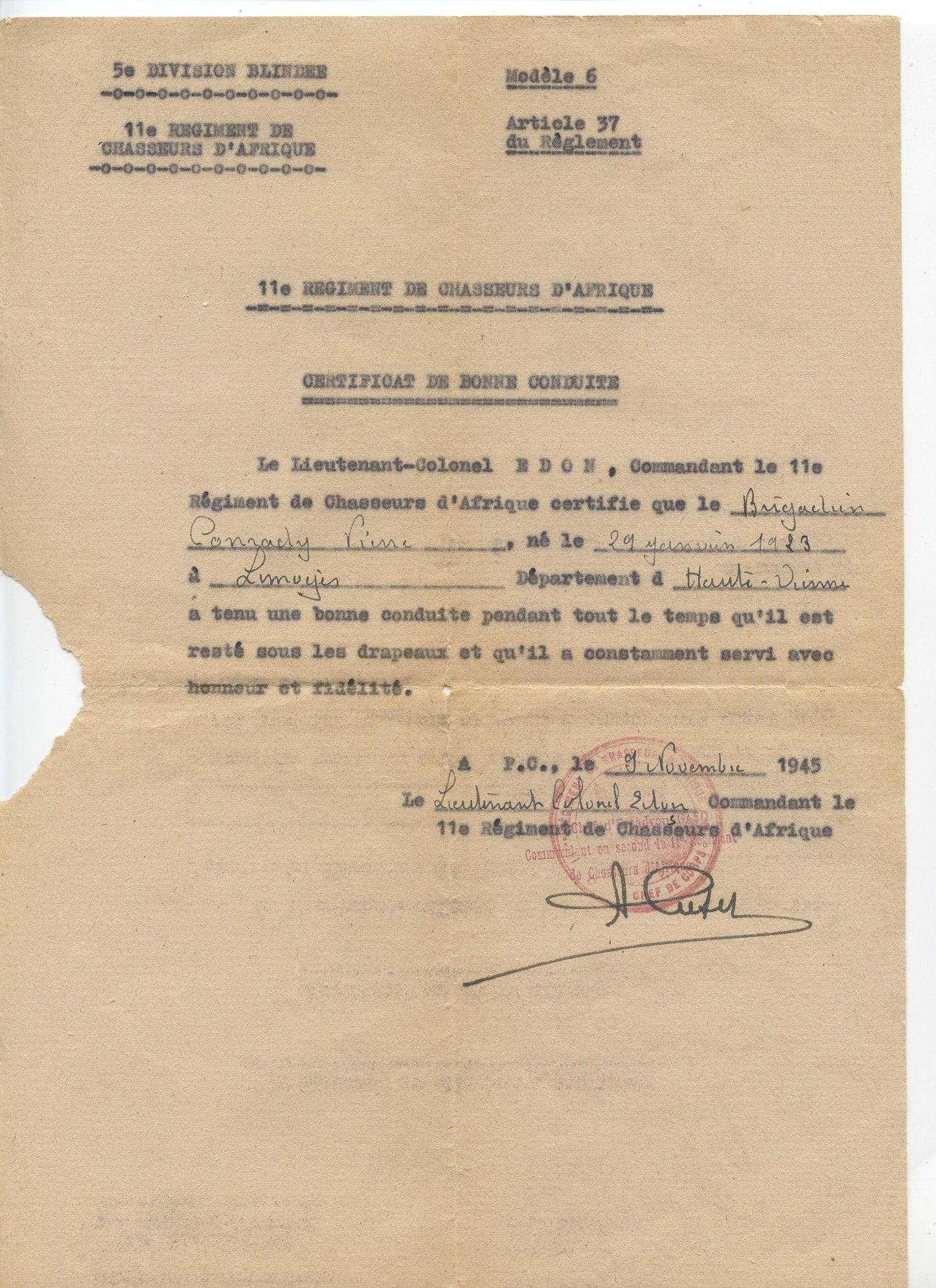 1939-1945 : certificat de bonne conduite 11° chasseurs d'Afrique 1945