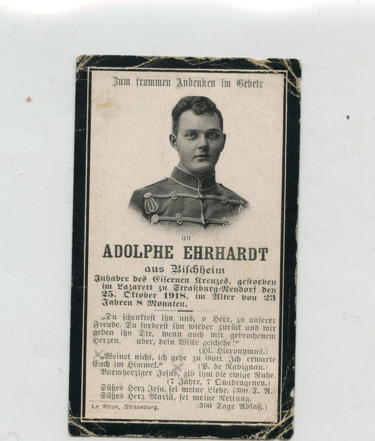 1914-1918 :  carte avis de décès d'un alsacien de Bischheim mort en 1918 dans l'armée allemande