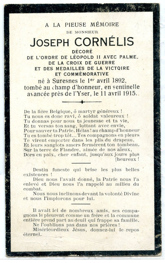 1914-1918 : Belgique : carte avis de décès d'un soldat tué sur l'Yser en avril 1915