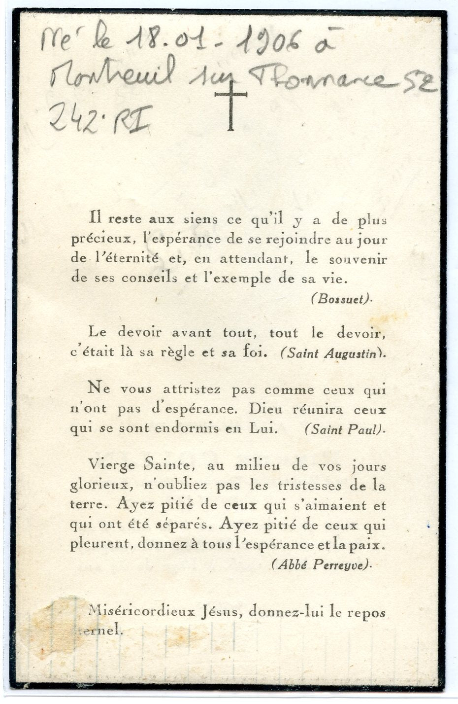 1939-1945 :  carte avis de décès d'un soldat du 242°RI prisonnier de guerre mort en 1945 en Allemagne