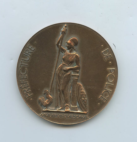 médaille de table en bronze, préfecture de police de Paris, poinçon bronze sur la tranche, 68mm