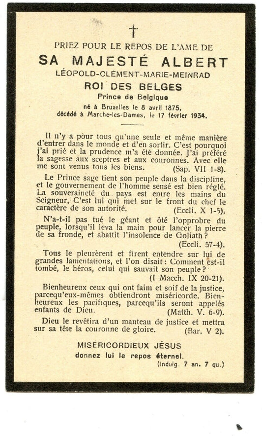 1914-1918 : carte avis de décès du roi Albert I° de Belgique 1934