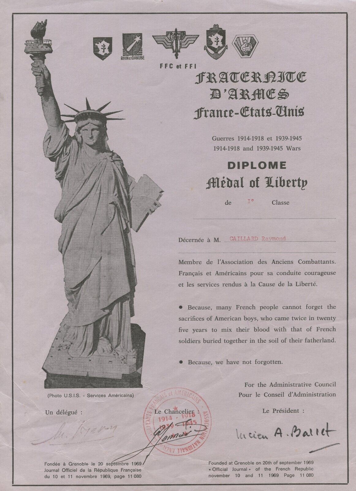 1939-1945 : diplôme Médaille de la Liberté association Franco Américaine